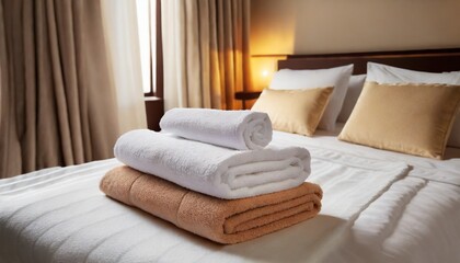 clean towels on bed at hotel room