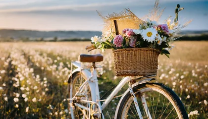 Rolgordijnen vintage bicycle with basket full of flowers standing in field © Debbie