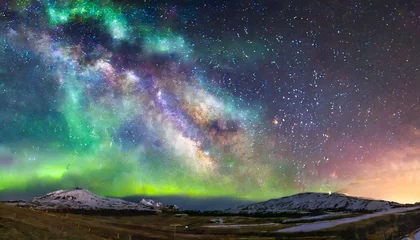 Photo sur Plexiglas Aurores boréales our galaxy is milky way spiral galaxy with aurora borealis