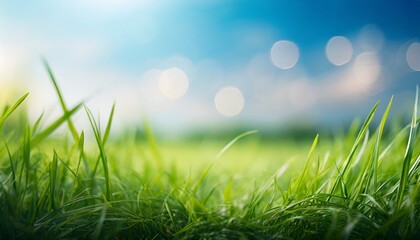 world environment day concept green grass and blue sky abstract background with bokeh