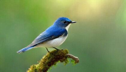 ultramarine flycatcher superciliaris ficedula cute blue bird perching on top mossy stick over far blur green background in shaded sun lighting amazing nature