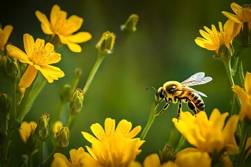 Honey bee on yellow flower collect pollen. Wild nature landscape, banner
