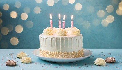 birthday cake with 5 five candles on pastel blue background with copyspace