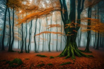 Print for Wallpaper. Fantasy design. Modern Art. Fog in the forest. Colored mystic background. Magical forest. Magic Artistic Wallpaper. Fairytale. Dream, line. Tree in a foggy.Landscape, 