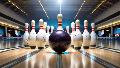 bowling alley ball and pins - obrazy, fototapety, plakaty