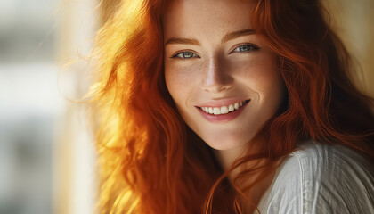 Red-haired woman with light eyes smiling ,spring concept