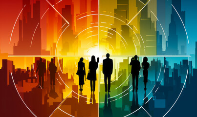 Businesspeople silhouettes over a stylized cityscape divided into dynamic colored segments