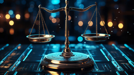 Scales of justice in a futuristic cyber world, symbolizing law, order, and legal technology in a digital era with blue neon lights and abstract data background - obrazy, fototapety, plakaty