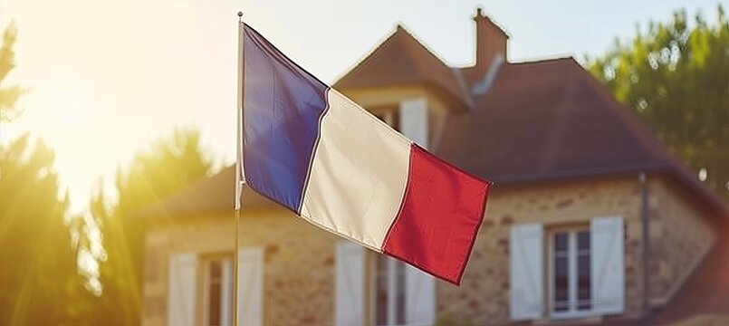 French flag on corner of housesymbol of patriotismblurred house background on sunny day.