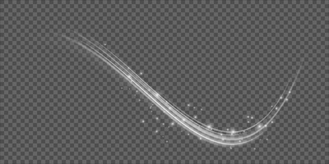 Festive decoration in the form of luminous flying wind surrounded by light dust and white speed lines. Light effect for ceremonies, awards, prizes, motivations, invitations, banners, cards, videos.