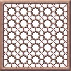 Arabic geometric pattern. Islamic ornament mashrabiya panel. Wall screen. Islamic window frame. 3d bronze grill isolated on white  background. Artistic metal casting. Isolated illustration