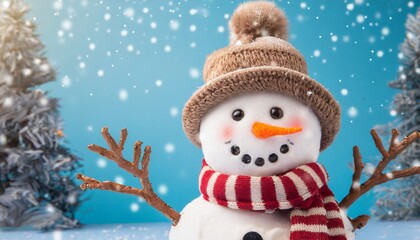 Fototapeta premium happy jolly snowman on blue background ai generated