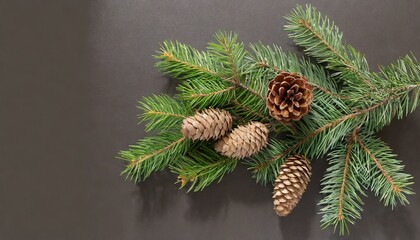 fir tree branch and cones with background flat lay without shadow