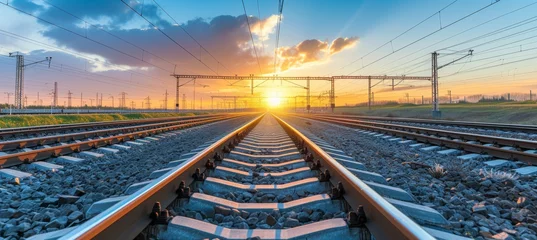 Poster Scenic railway tracks at sunset  tranquil and beautiful view of railroad tracks in the golden hour © Andrei
