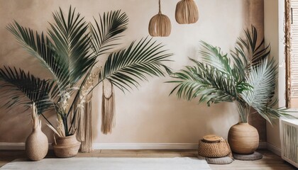 Obraz premium minimal home interior design tropical palm branches and boho decoration at pastel beige wall modern studio concept