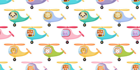 Cute little animals fly on helicopter seamless childish pattern. Funny cartoon animal character for fabric, wrapping, textile, wallpaper, apparel. Vector illustration