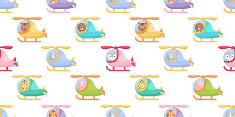 Cute little animals fly on helicopter seamless childish pattern. Funny cartoon animal character for fabric, wrapping, textile, wallpaper, apparel. Vector illustration