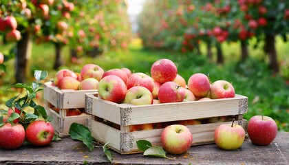 ripe organic apples in a wooden boxes on the background of an apple orchard