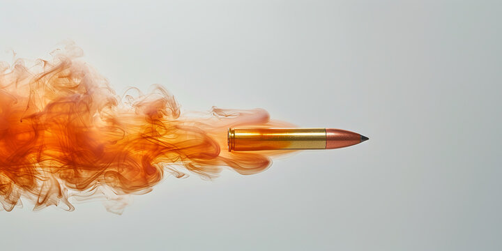 bullet is shot in the air with a glowing flame, slow motion, on white background