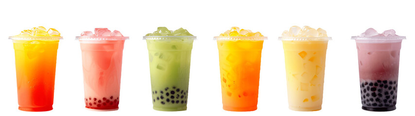 Assorted tapioka bubble tea flavors isolated on white or transparent background.