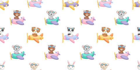 Cute little animals fly on plane seamless childish pattern. Funny cartoon animal character for fabric, wrapping, textile, wallpaper, apparel. Vector illustration