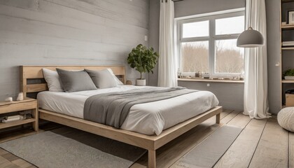 venture into a minimalist bedroom that champions solitude and rest a platform bed with its understated design is dressed in organic cotton linens in shades of gray and white flanking the bed are t