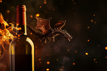 dragon flying over wine bottle in the smoke, slow motion, dark background