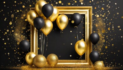 Obraz na płótnie Canvas golden frame with gold and black balloons with sparkles on black background