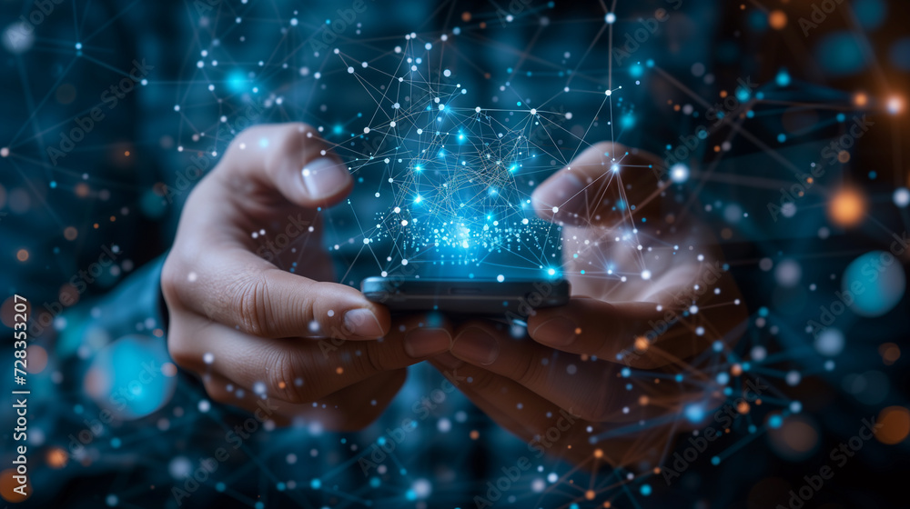 Poster hands holding a smartphone with abstract digital connections emanating from the screen, symbolizing 