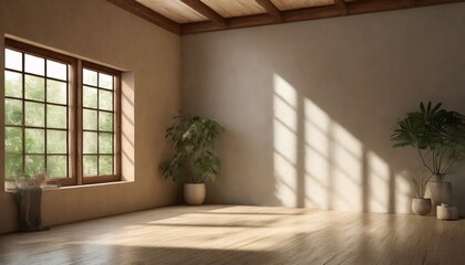 habitacion vacia luz natural fondo colores tierra sombras difusas ventana lateral materiales madera