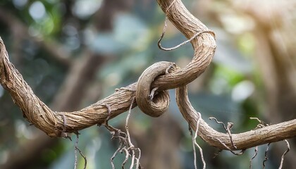 twisted wild liana jungle vines plant growing on tree branch on background