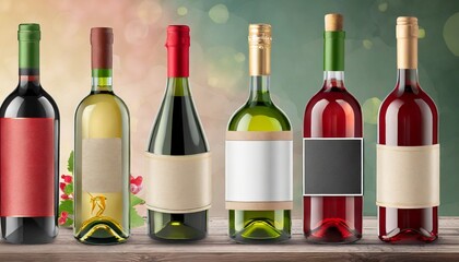 set collection of glass wine bottles red and white and wine bottle of wine with an empty label on a background