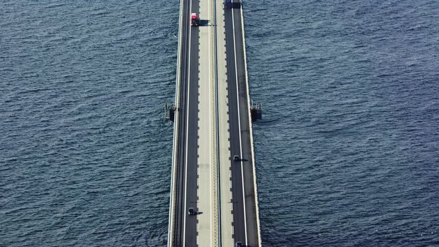Aerial View Of Cars Journeying On Great Belt Bridge