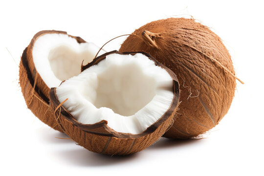 Close-up image showcasing fresh coconut halves and a whole coconut, highlighting the contrast between the rough brown exterior and the smooth white interior.