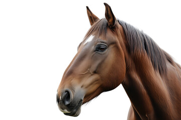 A close-up profile of a majestic brown horse, showcasing its strong features and beautiful coat against a white background