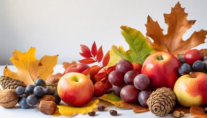 autumn leaves and autumn fruits on white background with copy space