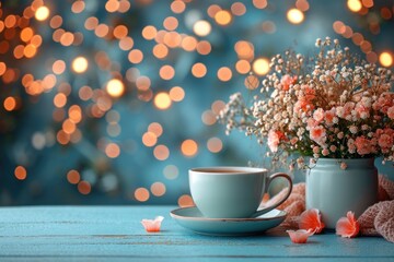 A charming combination of teaware and blurred yellow lights - obrazy, fototapety, plakaty