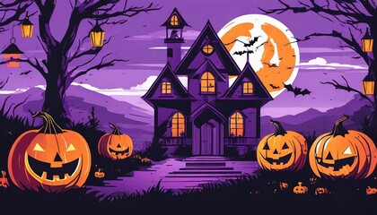 graphic t shirt design style halloween haunted house pumpkin heads violet background