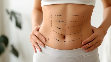 Overweight woman s belly with fat pad and markers for plastic surgery   obesity concept. - obrazy, fototapety, plakaty