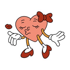 An isolated image of a retro heart blowing a kiss. A female character in the shape of a heart in the retro cartoon style, isolated on a white background. Vector flat illustration. valentine's day