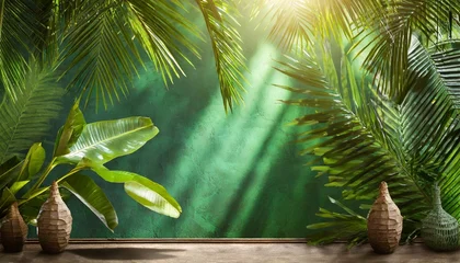Foto op Canvas bali style template green background exotic tropical wall with green palm and banana leaves and atmospheric sunlight rays © Debbie