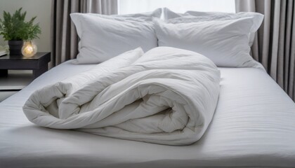 Fototapeta na wymiar white folded duvet lying on white bed background preparing for winter season household domestic activities hotel or home textile