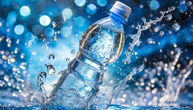 mineral water a plastic bottle in the middle and flying splashes and drops of water around a blue bokeh background
