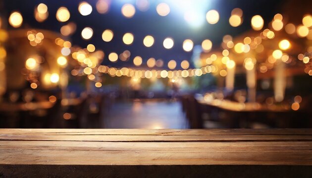 background image of wooden table in front of abstract blurred restaurant lights