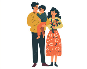 Happy young family, man, woman and little boy in dad's arms, vector cartoon illustration