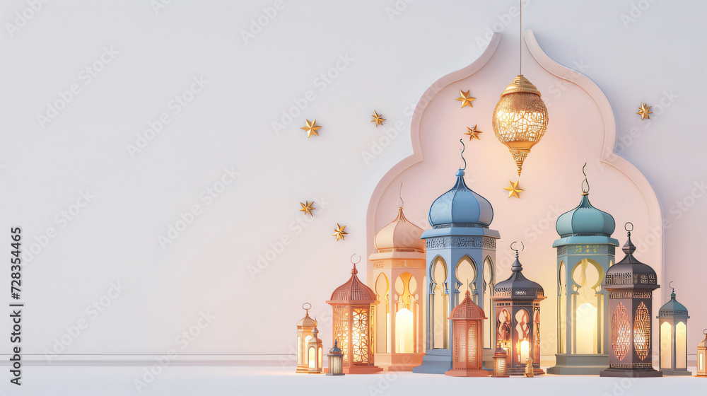 Fototapete elegant ramadan kareem lantern with white background text copy space. generative ai