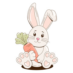 The cute cartoon bunny character in a flat style. A hand drawn vector illustration with a cute rabbit and carrot on a transparent background. Vintage sticker design.