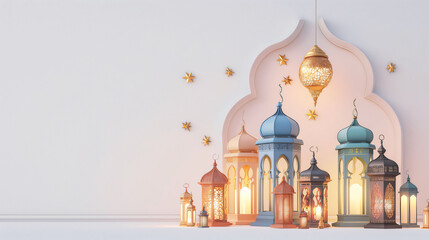 Elegant ramadan kareem lantern with white background text copy space. Generative ai