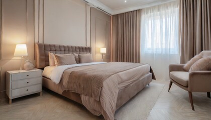 cozy bedroom interior in a contemporary design the room is in pastel brown with a large double bed double room in hotel ai generated