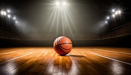 basketball on hardwood court floor with spot lighting